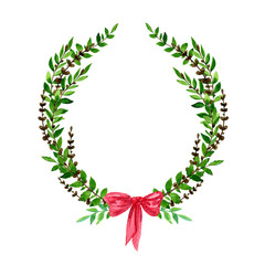 Watercolor Easter frame. Hand drawn watercolor round frame with leaves. Circle  frame with watercolor green branches.. Easter wreath