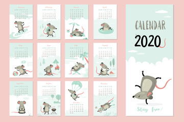 Fototapeta na wymiar 2020 calendar template. 12 months and cover. Year of the rat.