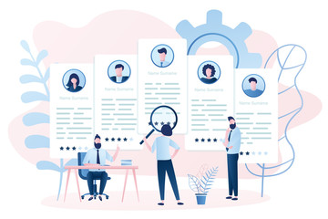 Recruitment agency and five cv resume. Business people looking for workers and hiring, recruiting concept.