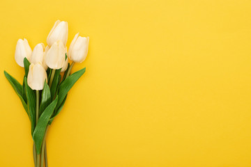 top view of spring tulips on colorful yellow background