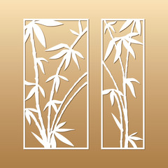 Fototapeta na wymiar Laser cut vector panels (ratio: 1:2, 1:3). Cutout silhouette with stamps and branches of bamboo. The set is suitable for engraving, laser cutting wood, metal, stencil manufacturing.