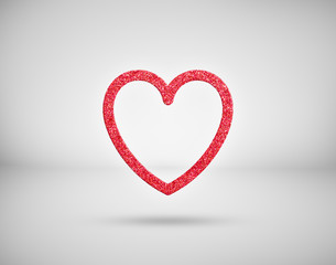 Sparkling red glitter heart on light gray or white background. Romantic symbol of love and Valentine's Day.