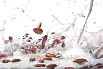 Splashing milk and almonds from make your own almond milk photoshoot.