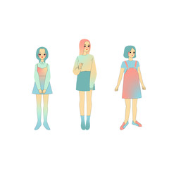 set of three cute cartoon pastel girls character