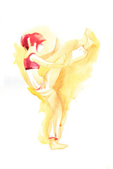 Barefoot girl performs a complex of capoeira movements: a panther, swing forward. Isolated on white background, watercolor paint