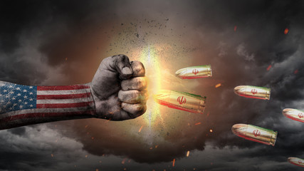 USA vs Iran. USA fist vs Iran bullets.