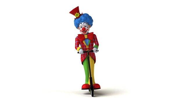 Fun clown cartoon character on a scooter