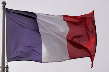 Blue white and red beautiful french flag under sky waving in wind