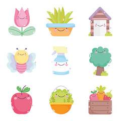 kawaii gardening cartoon characters tools collection