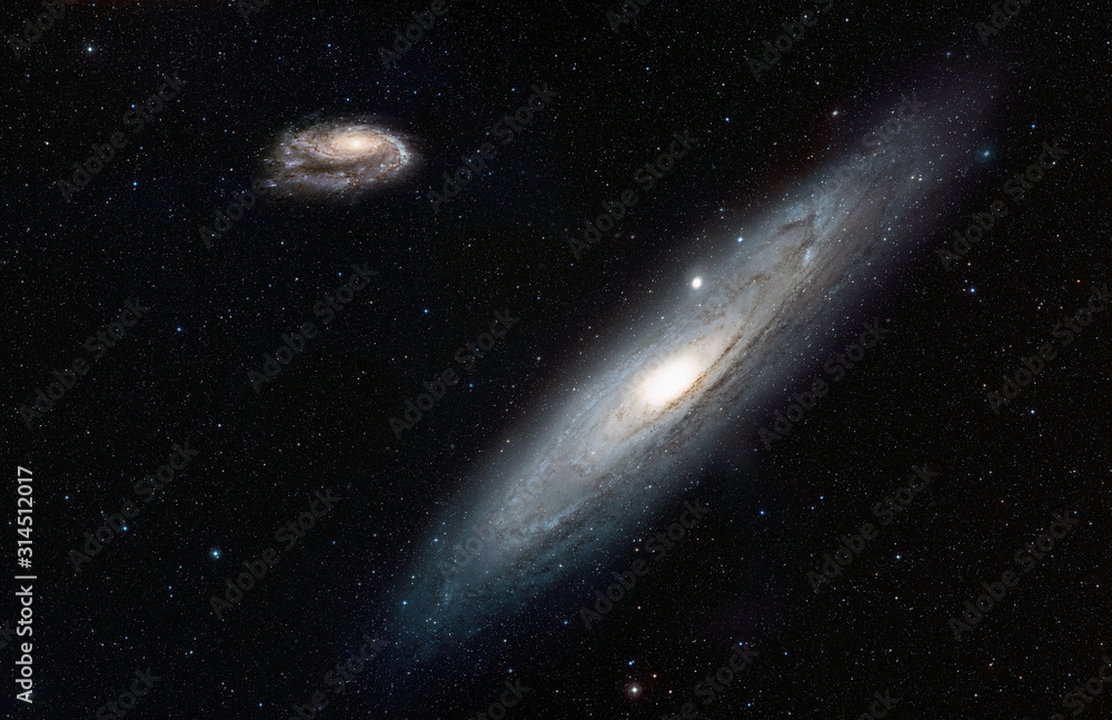 Poster far away our galaxy milky way view from neighbor galaxy andromeda 