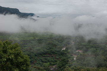 View over Kerala rainforest on cloudy, overcast day in the monsoon season