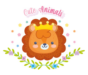 cute animals, little lion with crown foliage leaves
