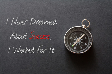 Inspirational quote : I never dreamed about success,I worked for it ,on black background with compass