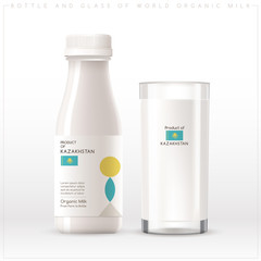Bottle and glass of world organic milk with geometrical pattern on the label isolated on white background : Vector Illustration
