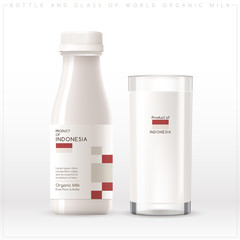 Bottle and glass of world organic milk with geometrical pattern on the label isolated on white background : Vector Illustration