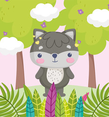 cute animals, little cartoon raccoon in the forest foliage