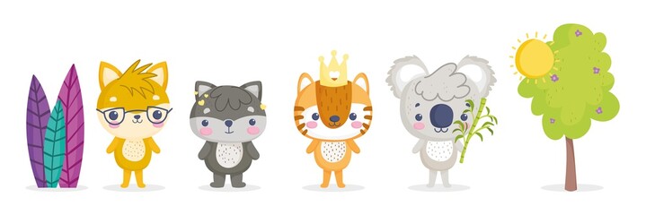 Obraz premium cute animals, little cat tiger koala raccoon tree leaves cartoon