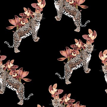 Tropical vintage beige brown orchid flower and lopard animal seamless pattern, white background. Exotic jungle wallpaper.  Use for textile, dress, wallpaper, home design.