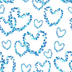 Romantic, watercolor seamless background. Blue hearts made of leaves are suitable for a love card.