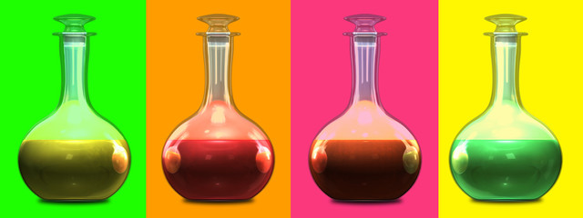 Red, green, yellow, orange fluid bottle, beverage set. Colorful, mixed background. Big four decorative  juices pitchers. Glass drink jar. Shiny, translucent, reflection. Front view. 3d illustration