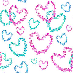 Romantic, watercolor seamless background. Pink and blue hearts made of leaves are suitable for a love card.