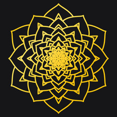 Abstract Petals Leaf Mandala Gold Line On Black Background. Vector Illustration