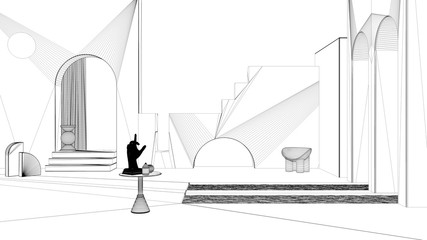 Blueprint project draft, imaginary fictional architecture, dreamlike empty space, design of exterior terrace, arched windows, pools, table with hand figurine, chair, decors