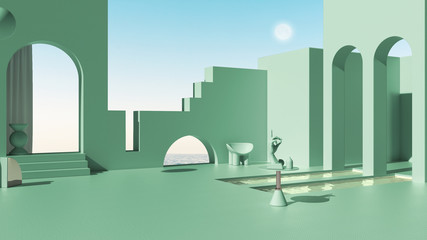 Naklejka premium Imaginary fictional architecture, dreamlike empty space, design of exterior terrace, concrete turquoise walls, arched windows, pools, table with hand figurine, sea panorama, scenery