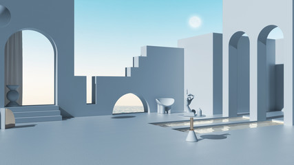 Imaginary fictional architecture, dreamlike empty space, design of exterior terrace, concrete blue walls, arched windows, pools, table with hand figurine, sea panorama, scenery