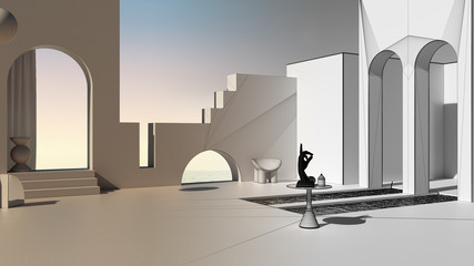 Architect interior designer concept: unfinished project that becomes real, imaginary fictional architecture, dreamlike empty space, terrace, arched windows, pools, hand figurine