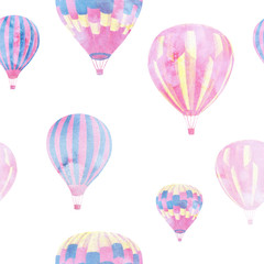 Seamless pattern of hand-drawn hot air balloons. Perfect template for wallpaper, children's interior design, fabrics, postcards, banners, posters.