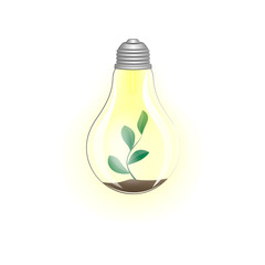 concept green energy, lighting electric lamp and plant on a white background square vector illustration