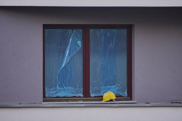 construction or reconstruction, repair of the house. replacement of Windows, painting of external walls. glass in a protective blue film. waiting for cleaning.