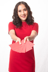 Fototapeta na wymiar Girl in red dress and Chinese new year