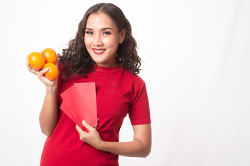 Girl in red dress and Chinese new year