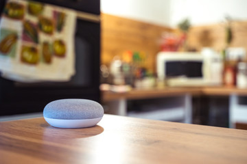 voice controlled smart speaker in a interior home environment. Smart home ai concept