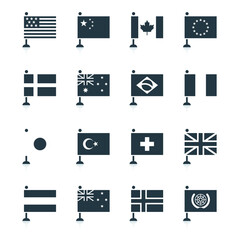 Minimal world flag icons, modern vector elements designed in monotone shapes. Flags of usa, america, china, canada, france, europe, european union, united kingdom, japan, united nations