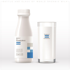 Bottle and glass of world organic milk with geometrical pattern on the label isolated on white background : Vector Illustration	