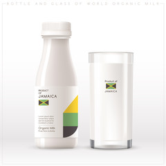 Bottle and glass of world organic milk with geometrical pattern on the label isolated on white background : Vector Illustration	