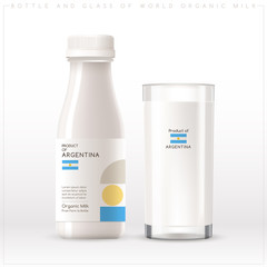 Bottle and glass of world organic milk with geometrical pattern on the label isolated on white background : Vector Illustration	