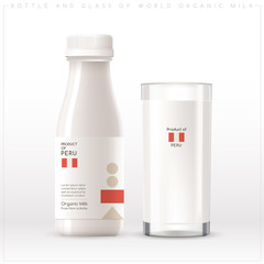 Bottle and glass of world organic milk with geometrical pattern on the label isolated on white background : Vector Illustration	