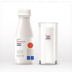 Bottle and glass of world organic milk with geometrical pattern on the label isolated on white background : Vector Illustration	