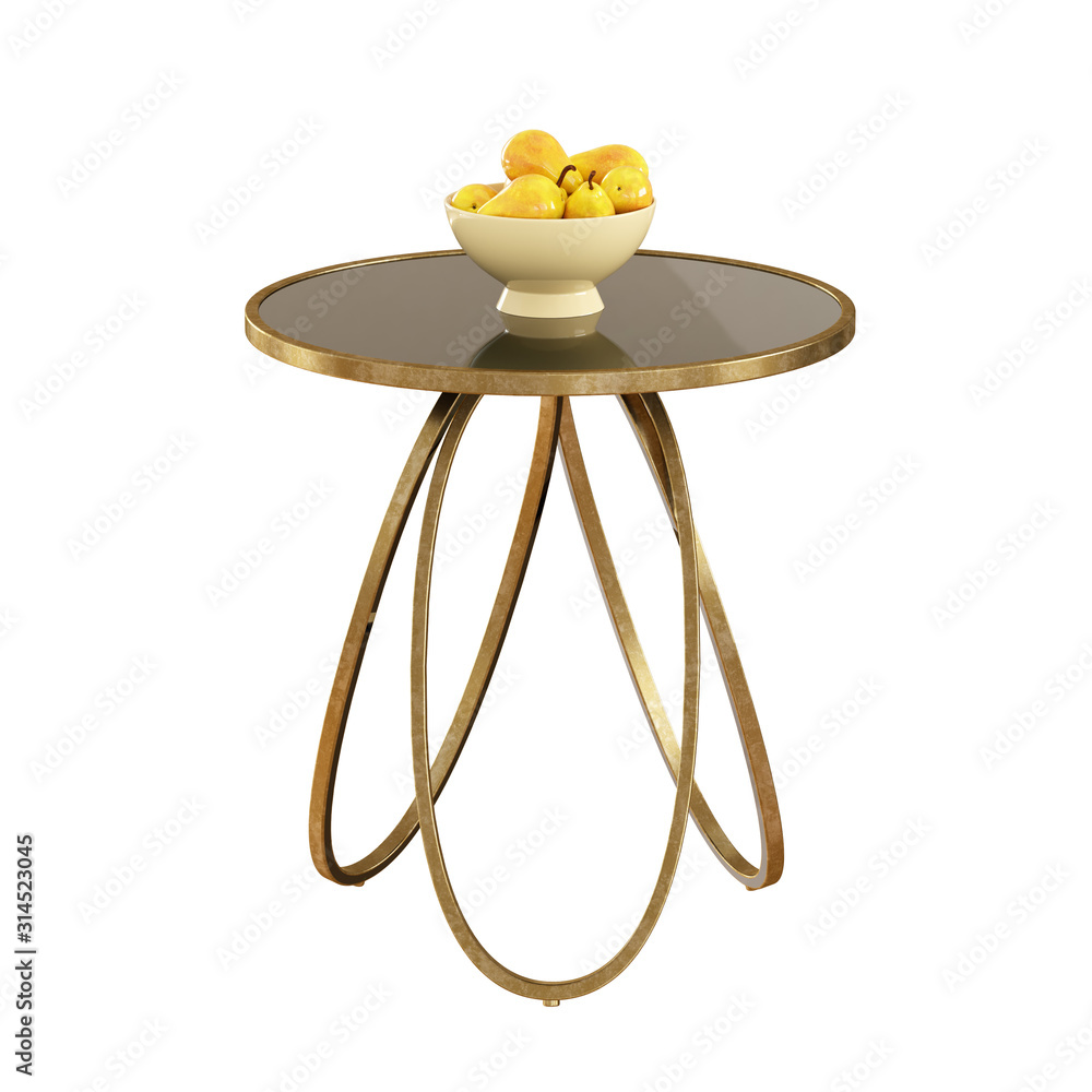 Poster round coffee table with a vase with pears on a white background. 3d rendering