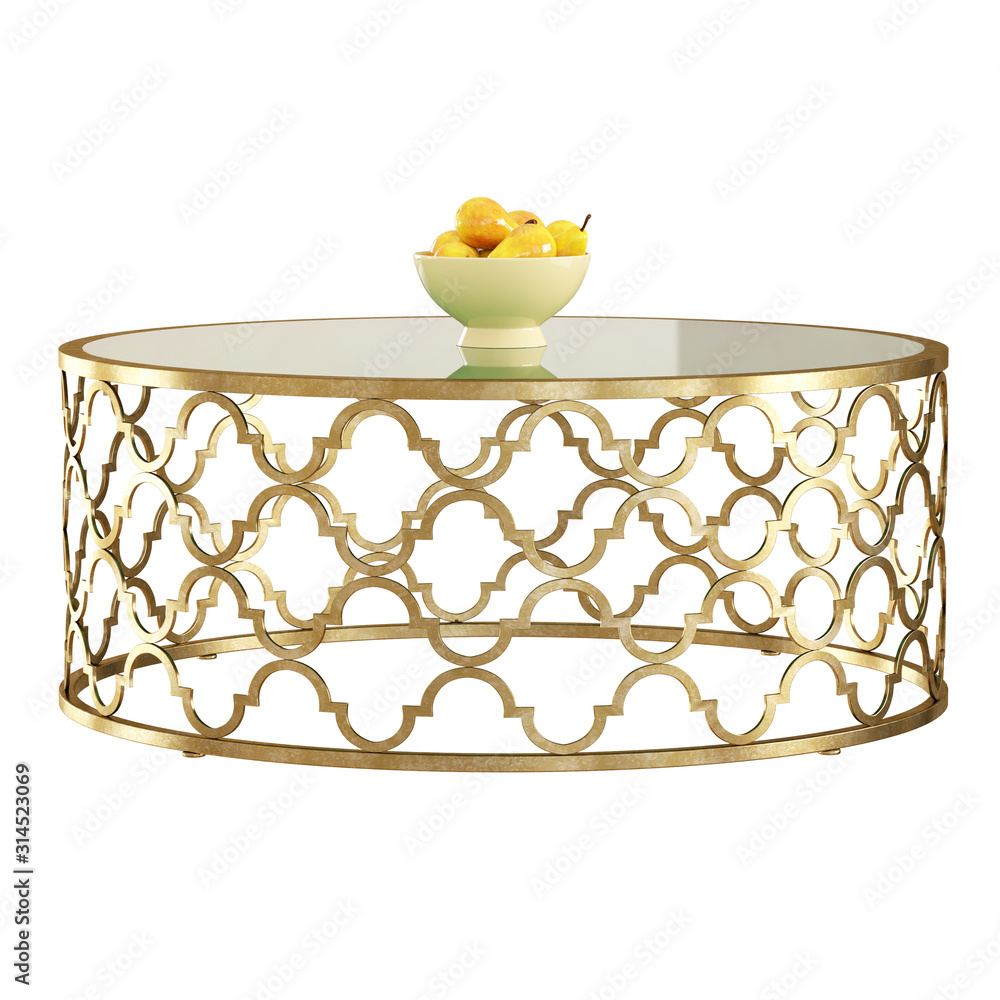 Poster a wide round coffee table with a patterned base on a white background. 3d rendering