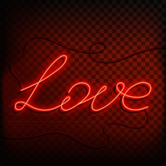 Neon word love. A bright red sign on a on a transparent background. Element of design for a happy Valentine's day. Vector illustration.