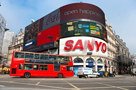 Piccadilly Circus on March 18, 2019 in London. Famous advertisements of TDK and Sanyo have been here for at least 20 years and are considered symbols of the  famous square. United Kingdom.