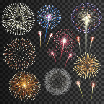 Big set of isolated fireworks vector illustration