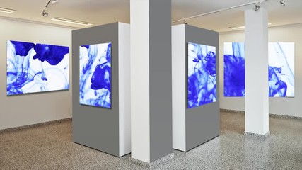 Exhibition gallery, wall mounted art with museum style lighting, Blue abstract emulsion art on  frame 