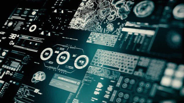 Perspective view of lowpower Futuristic interface/Digital screen.Detailed abstract background with blinking and switching indicators and statuses showing work of command center, processing big data, m