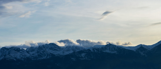 High mountains under snow in the winter. Panorama